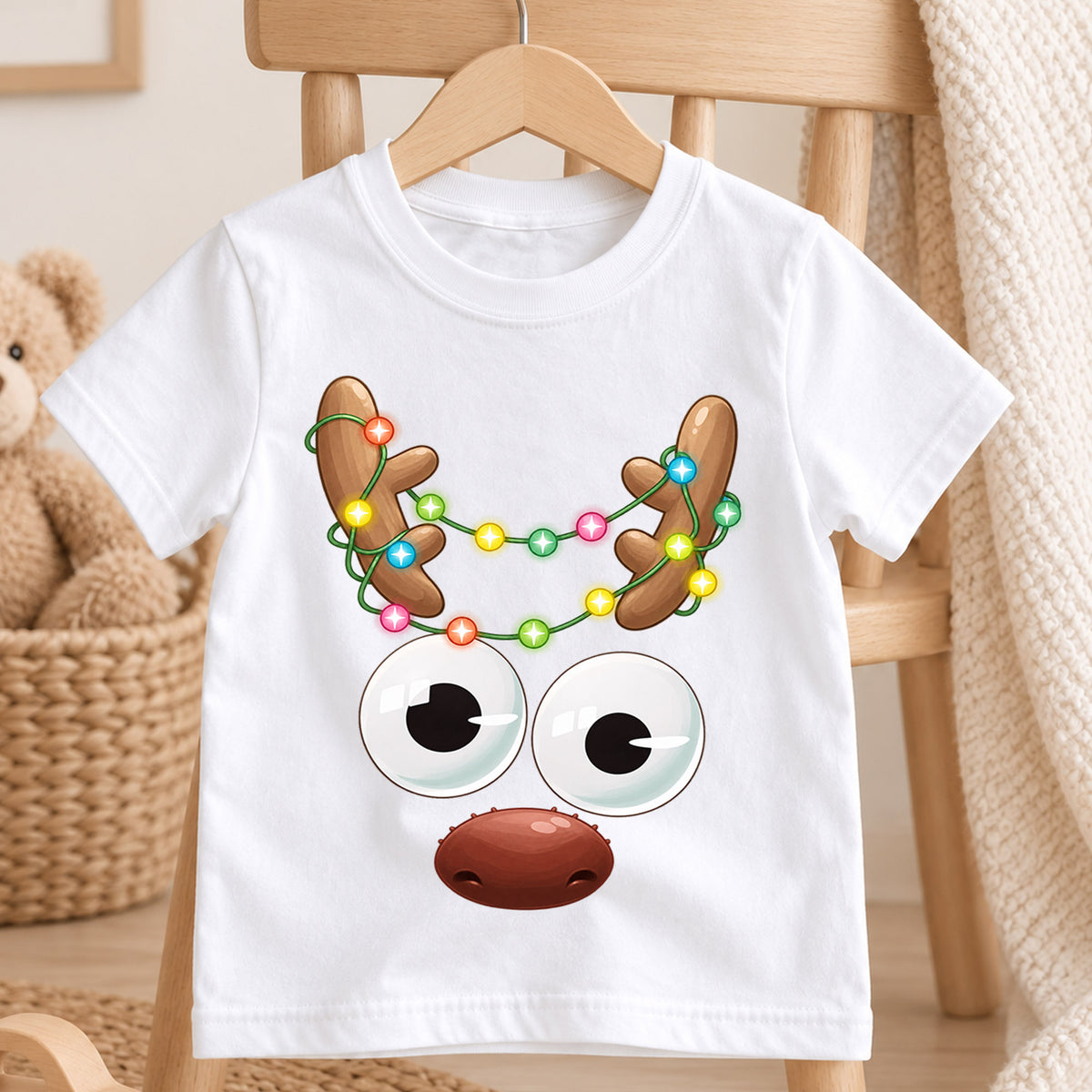 Funny Reindeer Face Shirt, Cute Googly Eyes Reindeer Kids T-Shirt, Christmas Lights Antlers Toddler Tee, Silly Holiday Graphic Top, Gift — product view 4