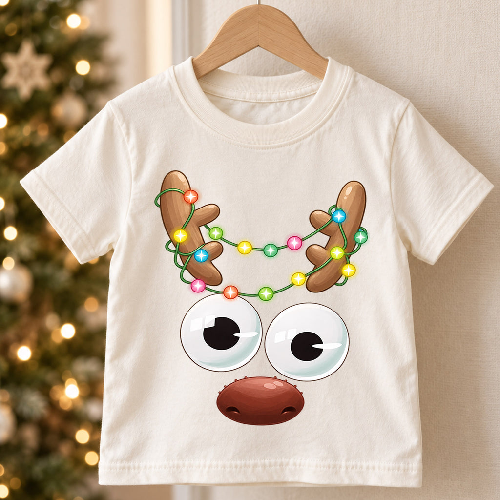 Funny Reindeer Face Shirt, Cute Googly Eyes Reindeer Kids T-Shirt, Christmas Lights Antlers Toddler Tee, Silly Holiday Graphic Top, Gift — product view 5