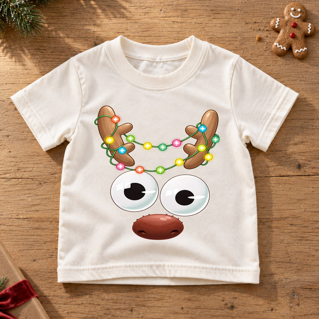 Funny Reindeer Face Shirt, Cute Googly Eyes Reindeer Kids T-Shirt, Christmas Lights Antlers Toddler Tee, Silly Holiday Graphic Top, Gift — product view 6