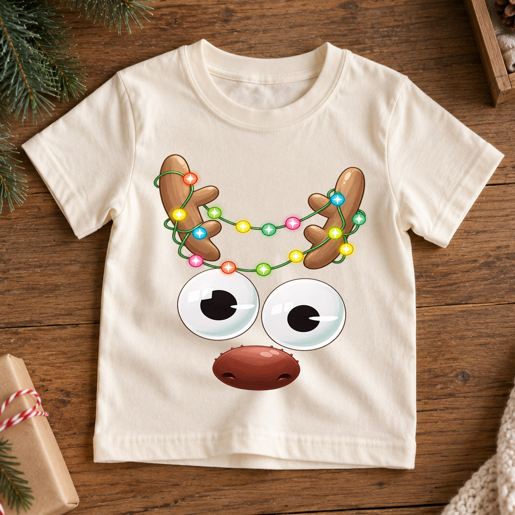 Funny Reindeer Face Shirt, Cute Googly Eyes Reindeer Kids T-Shirt, Christmas Lights Antlers Toddler Tee, Silly Holiday Graphic Top, Gift — product view 7