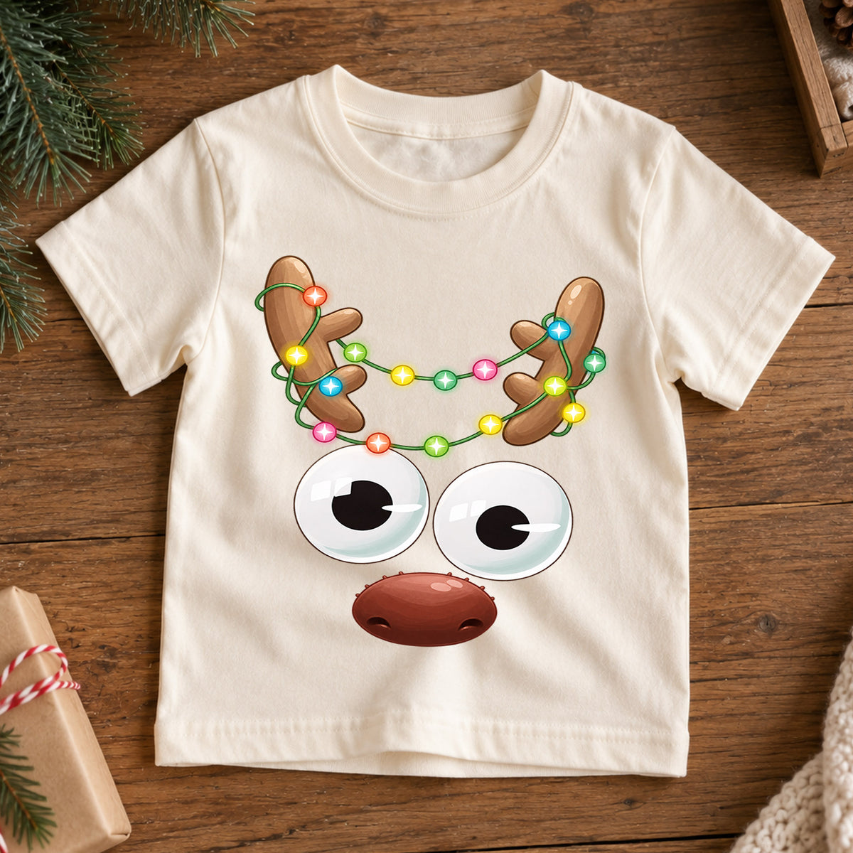 Funny Reindeer Face Shirt, Cute Googly Eyes Reindeer Kids T-Shirt, Christmas Lights Antlers Toddler Tee, Silly Holiday Graphic Top, Gift — product view 7