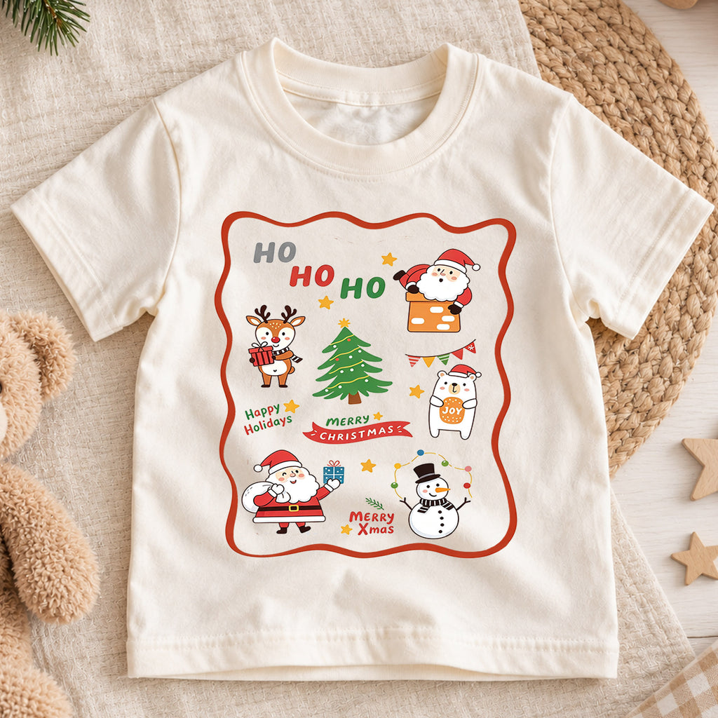 Cute Ho Ho Ho Christmas Shirt, Santa Reindeer Snowman Kids T-Shirt, Retro Holiday Sticker Frame Toddler Tee, Festive Graphic Top, Gift — product view 1
