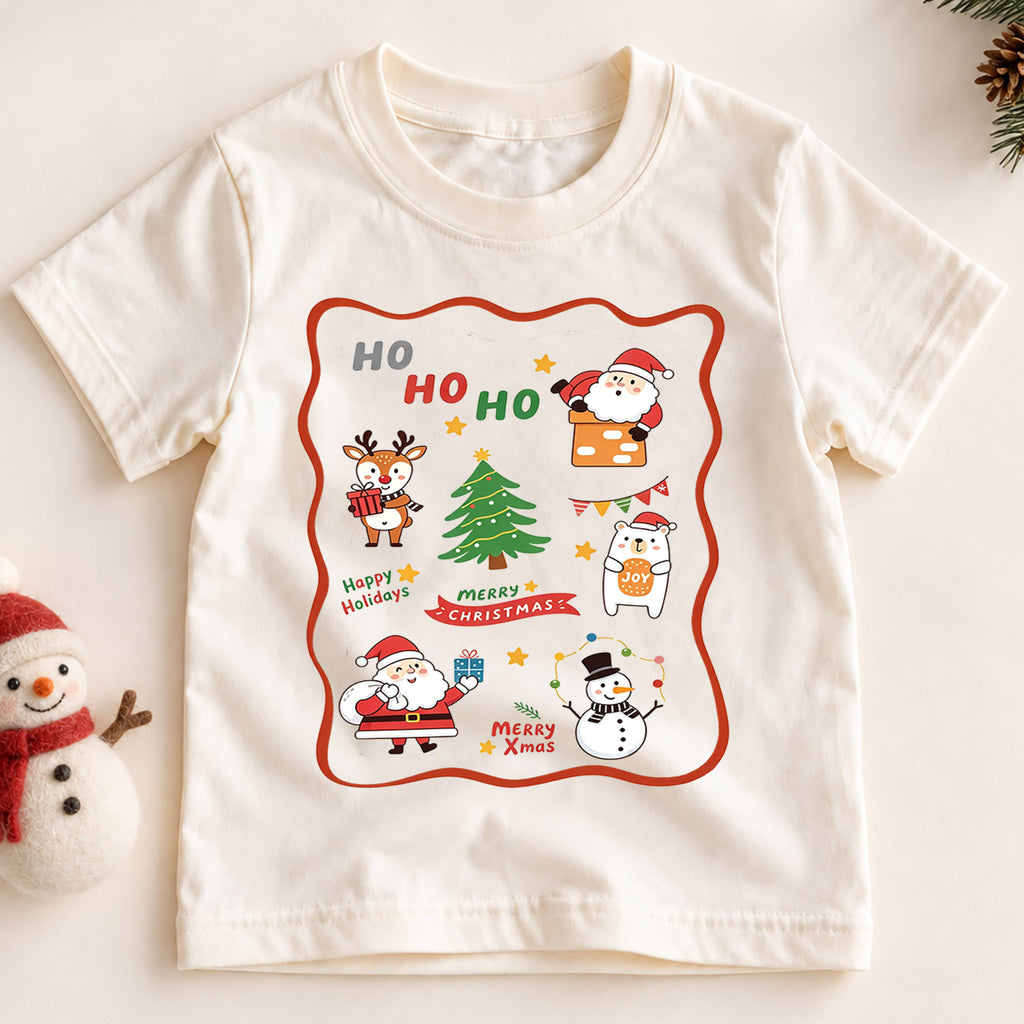 Cute Ho Ho Ho Christmas Shirt, Santa Reindeer Snowman Kids T-Shirt, Retro Holiday Sticker Frame Toddler Tee, Festive Graphic Top, Gift — product view 2