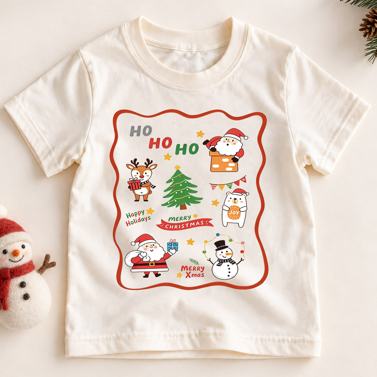 Cute Ho Ho Ho Christmas Shirt, Santa Reindeer Snowman Kids T-Shirt, Retro Holiday Sticker Frame Toddler Tee, Festive Graphic Top, Gift — product view 2