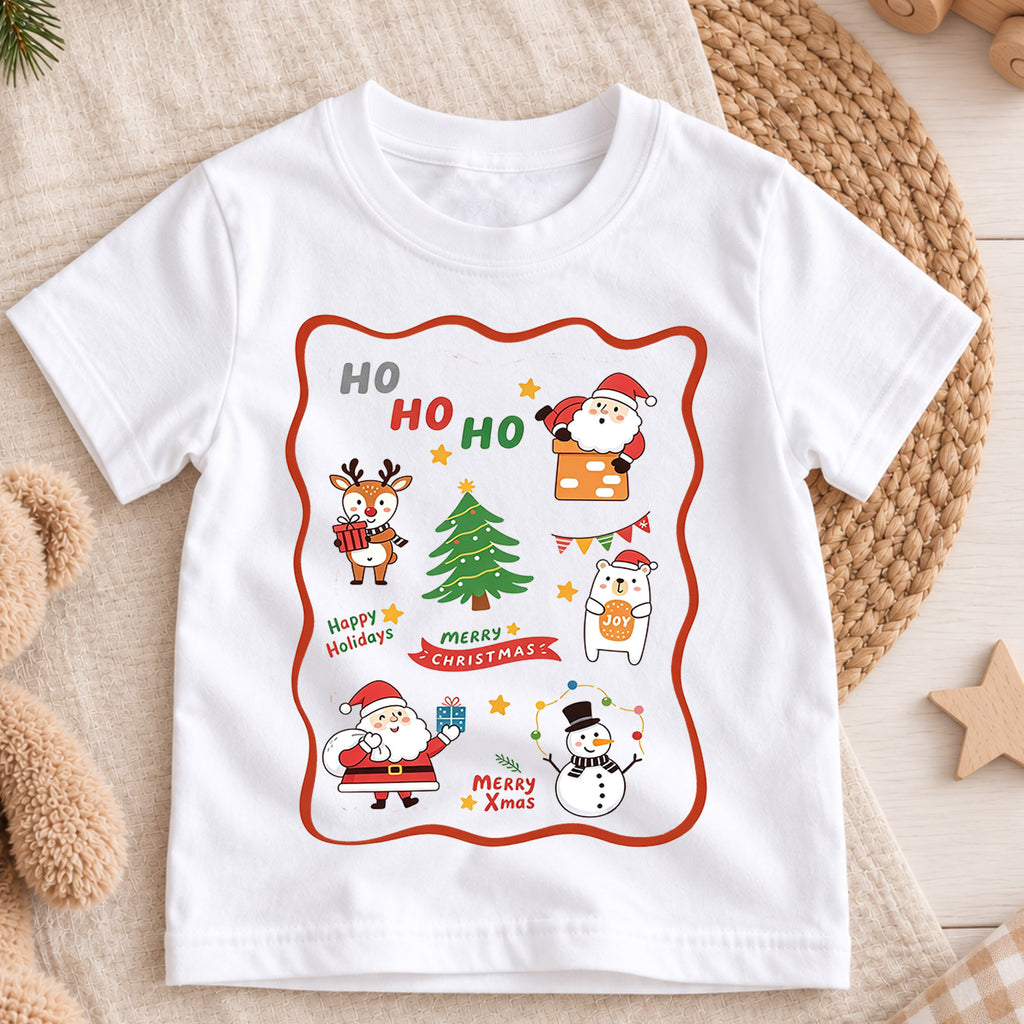 Cute Ho Ho Ho Christmas Shirt, Santa Reindeer Snowman Kids T-Shirt, Retro Holiday Sticker Frame Toddler Tee, Festive Graphic Top, Gift — product view 3