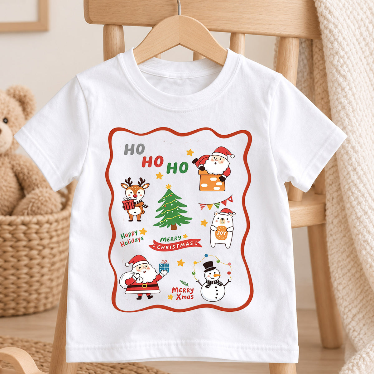 Cute Ho Ho Ho Christmas Shirt, Santa Reindeer Snowman Kids T-Shirt, Retro Holiday Sticker Frame Toddler Tee, Festive Graphic Top, Gift — product view 4