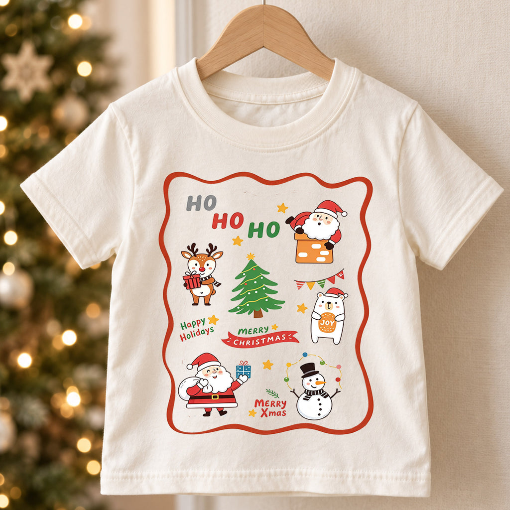 Cute Ho Ho Ho Christmas Shirt, Santa Reindeer Snowman Kids T-Shirt, Retro Holiday Sticker Frame Toddler Tee, Festive Graphic Top, Gift — product view 5