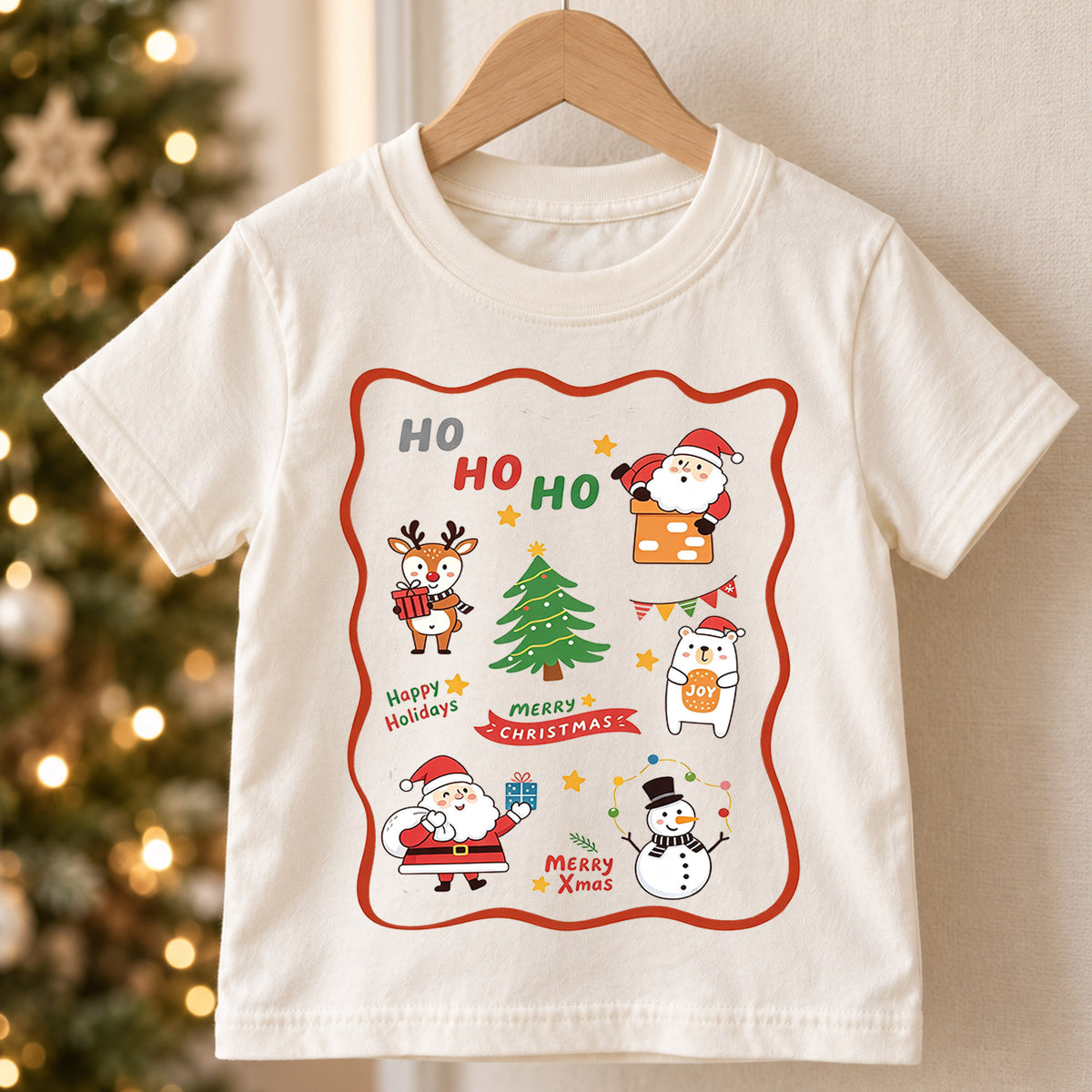 Cute Ho Ho Ho Christmas Shirt, Santa Reindeer Snowman Kids T-Shirt, Retro Holiday Sticker Frame Toddler Tee, Festive Graphic Top, Gift — product view 5