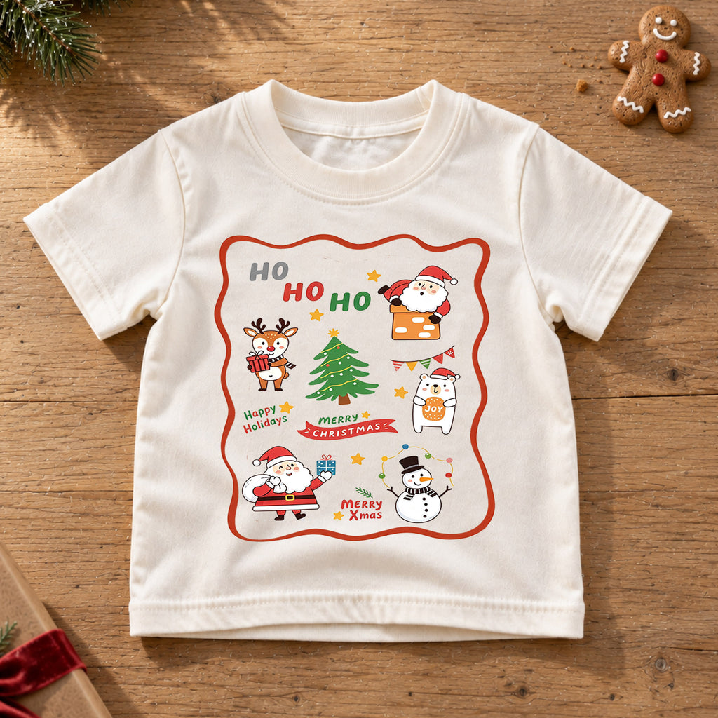 Cute Ho Ho Ho Christmas Shirt, Santa Reindeer Snowman Kids T-Shirt, Retro Holiday Sticker Frame Toddler Tee, Festive Graphic Top, Gift — product view 6