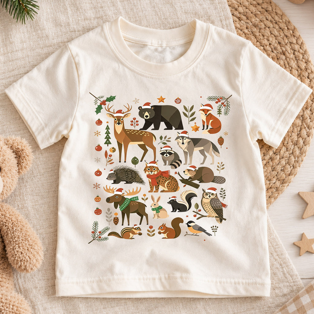 Woodland Forest Animals Christmas Shirt, Cute Winter Wildlife Kids T-Shirt, Neutral Holiday Toddler Tee, Deer Bear Fox Owl Festive Top — product view 1