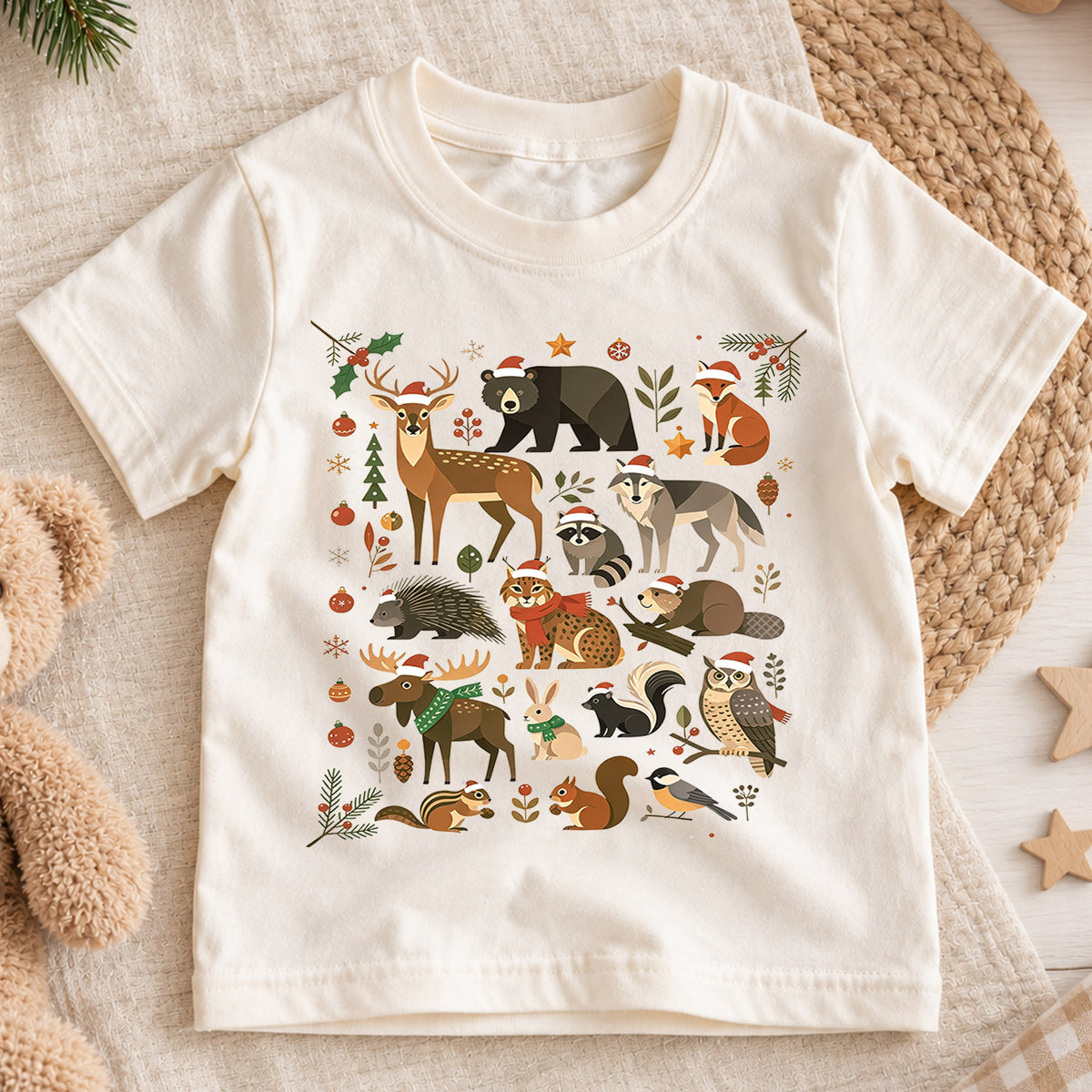 Woodland Forest Animals Christmas Shirt, Cute Winter Wildlife Kids T-Shirt, Neutral Holiday Toddler Tee, Deer Bear Fox Owl Festive Top — product view 1