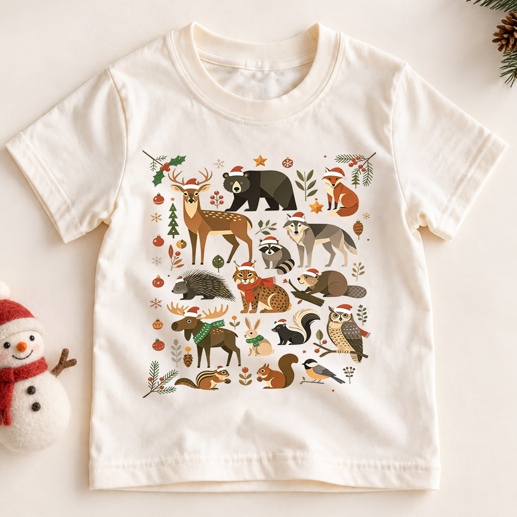 Woodland Forest Animals Christmas Shirt, Cute Winter Wildlife Kids T-Shirt, Neutral Holiday Toddler Tee, Deer Bear Fox Owl Festive Top — product view 2