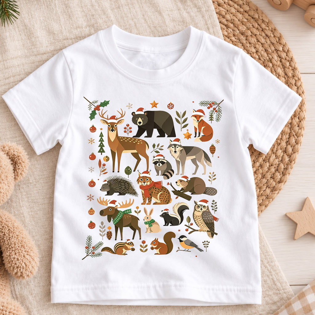 Woodland Forest Animals Christmas Shirt, Cute Winter Wildlife Kids T-Shirt, Neutral Holiday Toddler Tee, Deer Bear Fox Owl Festive Top — product view 3