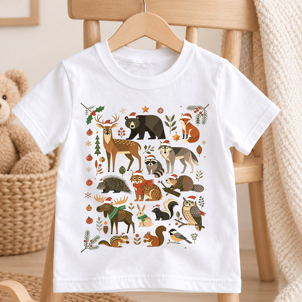 Woodland Forest Animals Christmas Shirt, Cute Winter Wildlife Kids T-Shirt, Neutral Holiday Toddler Tee, Deer Bear Fox Owl Festive Top — product view 4