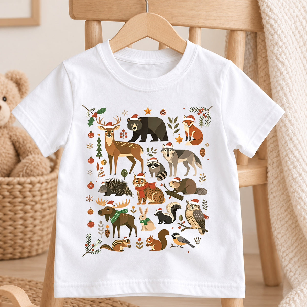 Woodland Forest Animals Christmas Shirt, Cute Winter Wildlife Kids T-Shirt, Neutral Holiday Toddler Tee, Deer Bear Fox Owl Festive Top — product view 4