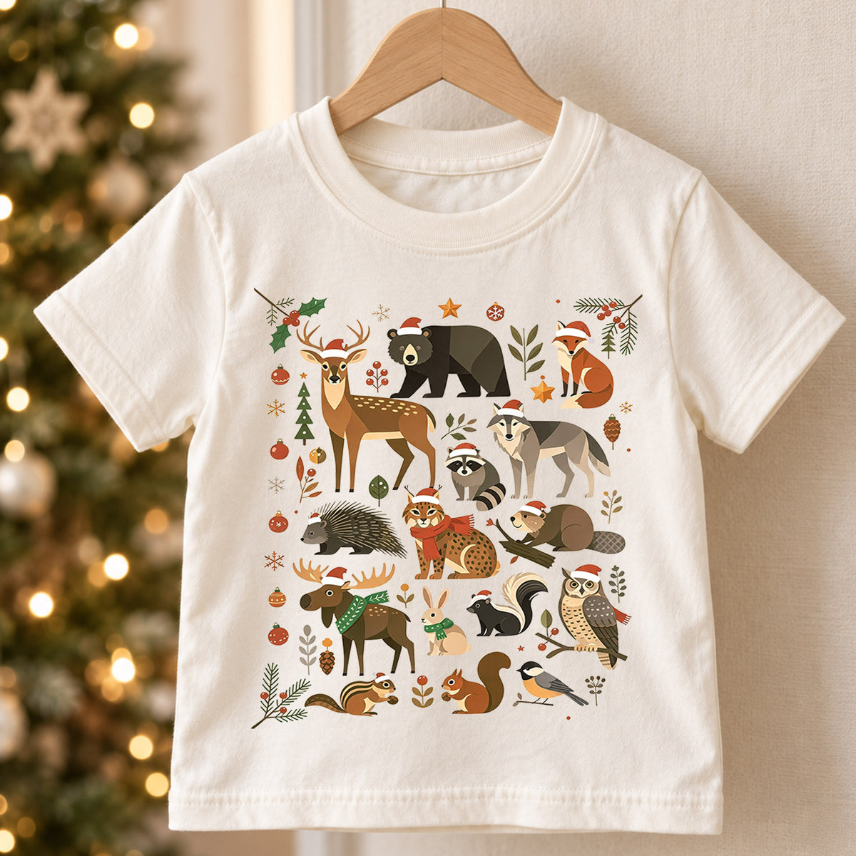 Woodland Forest Animals Christmas Shirt, Cute Winter Wildlife Kids T-Shirt, Neutral Holiday Toddler Tee, Deer Bear Fox Owl Festive Top — product view 5