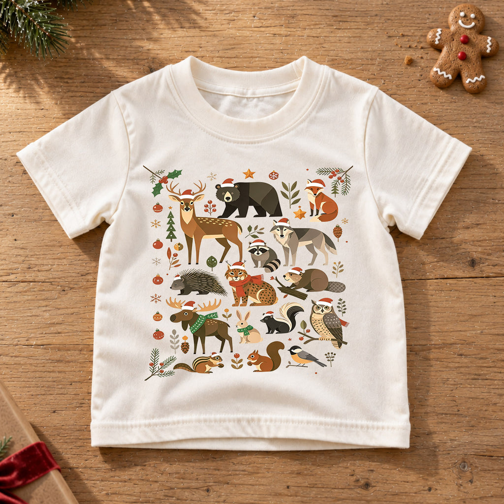 Woodland Forest Animals Christmas Shirt, Cute Winter Wildlife Kids T-Shirt, Neutral Holiday Toddler Tee, Deer Bear Fox Owl Festive Top — product view 6