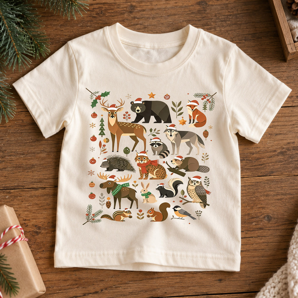 Woodland Forest Animals Christmas Shirt, Cute Winter Wildlife Kids T-Shirt, Neutral Holiday Toddler Tee, Deer Bear Fox Owl Festive Top — product view 7