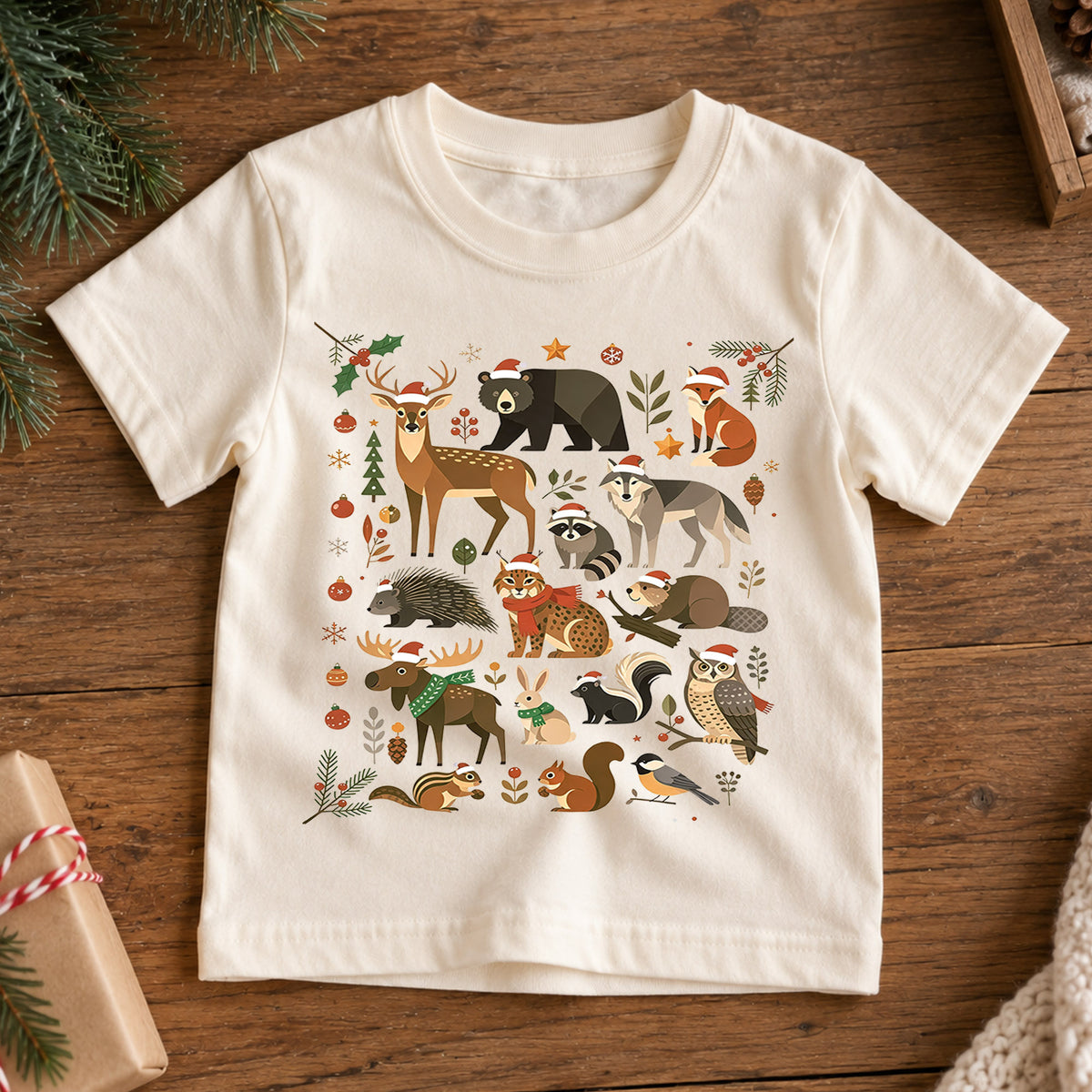 Woodland Forest Animals Christmas Shirt, Cute Winter Wildlife Kids T-Shirt, Neutral Holiday Toddler Tee, Deer Bear Fox Owl Festive Top — product view 7