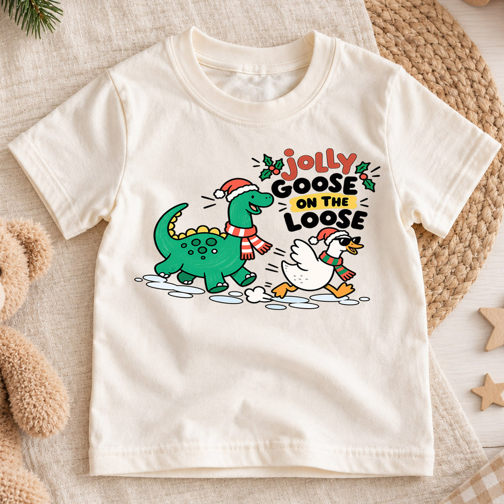 Jolly Goose On The Loose Shirt, Dinosaur Christmas Kids T-Shirt, Funny Dino Goose Toddler Tee, Cute Holiday Graphic Top, Winter Xmas Gift — product view 1