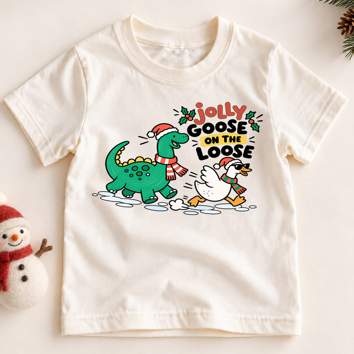 Jolly Goose On The Loose Shirt, Dinosaur Christmas Kids T-Shirt, Funny Dino Goose Toddler Tee, Cute Holiday Graphic Top, Winter Xmas Gift — product view 2