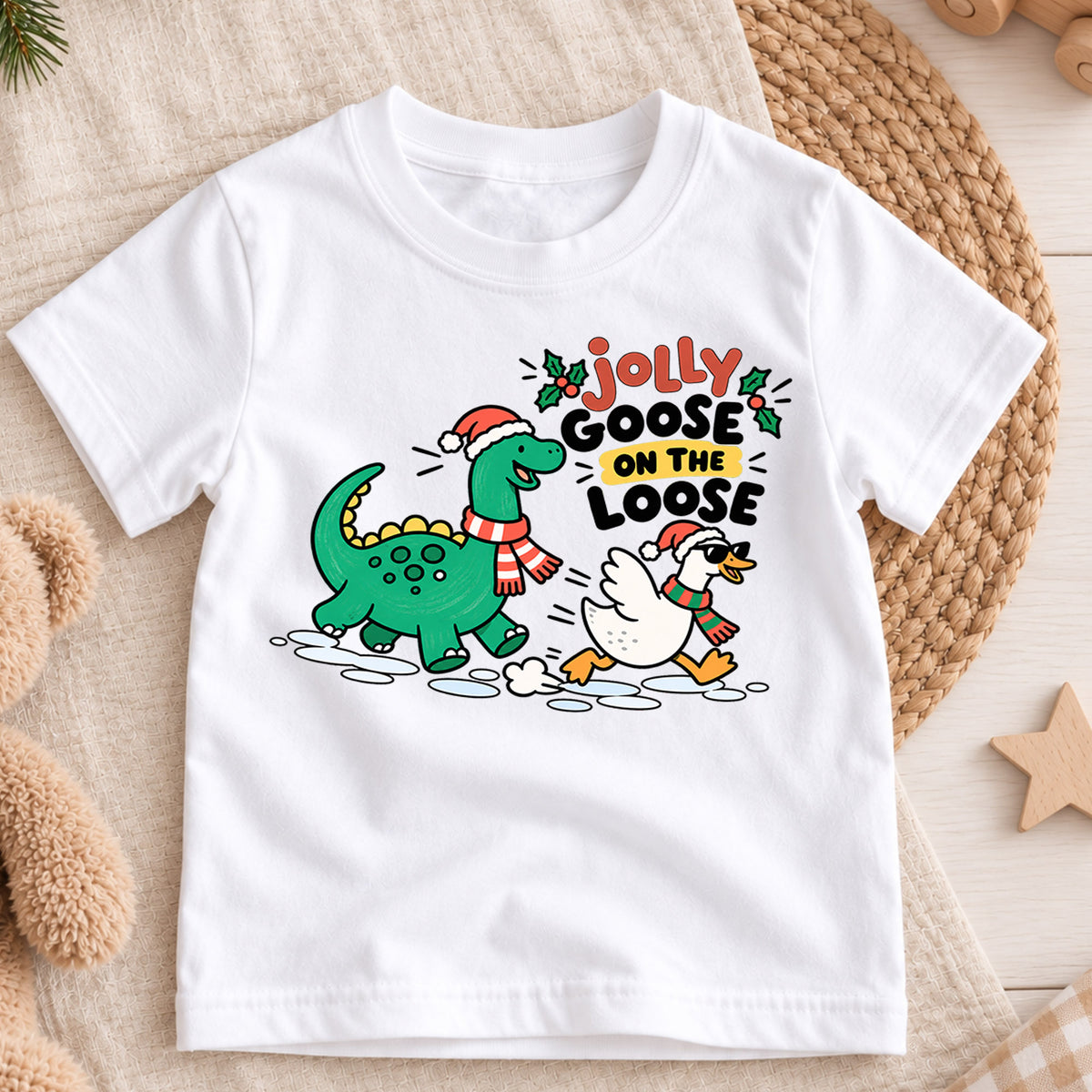 Jolly Goose On The Loose Shirt, Dinosaur Christmas Kids T-Shirt, Funny Dino Goose Toddler Tee, Cute Holiday Graphic Top, Winter Xmas Gift — product view 3