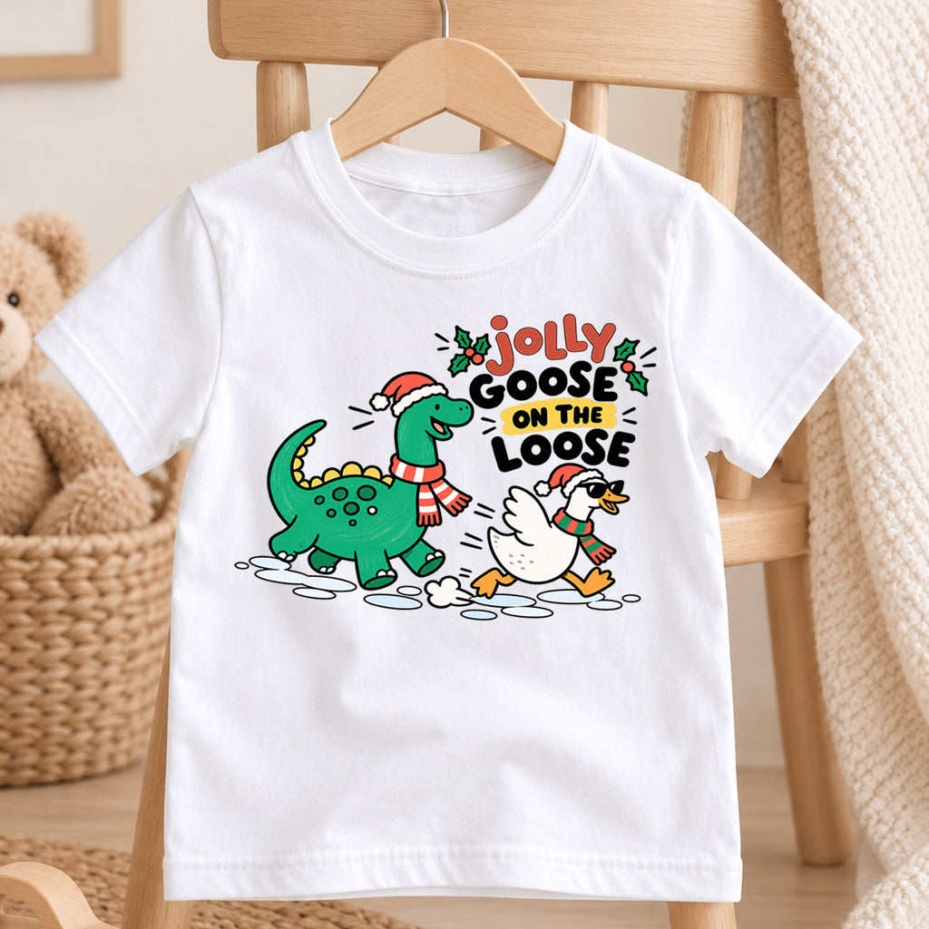 Jolly Goose On The Loose Shirt, Dinosaur Christmas Kids T-Shirt, Funny Dino Goose Toddler Tee, Cute Holiday Graphic Top, Winter Xmas Gift — product view 4