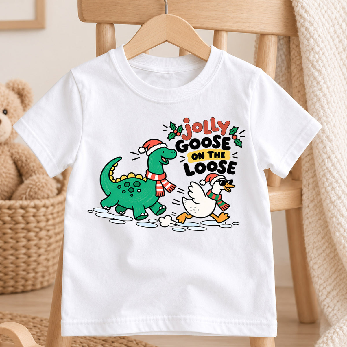Jolly Goose On The Loose Shirt, Dinosaur Christmas Kids T-Shirt, Funny Dino Goose Toddler Tee, Cute Holiday Graphic Top, Winter Xmas Gift — product view 4