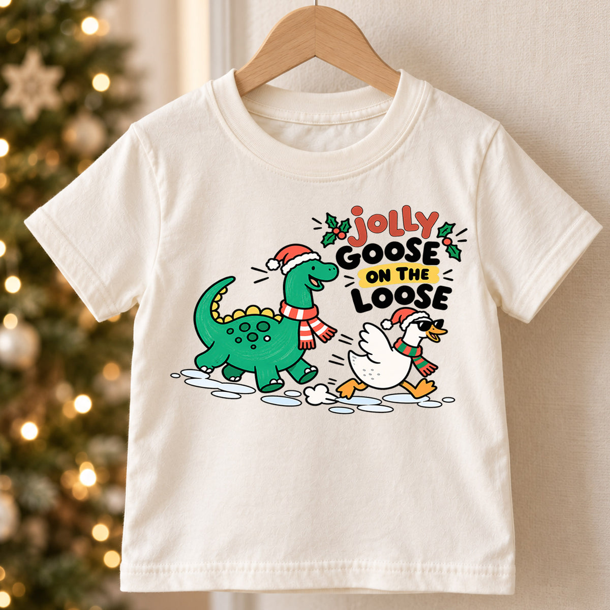 Jolly Goose On The Loose Shirt, Dinosaur Christmas Kids T-Shirt, Funny Dino Goose Toddler Tee, Cute Holiday Graphic Top, Winter Xmas Gift — product view 5