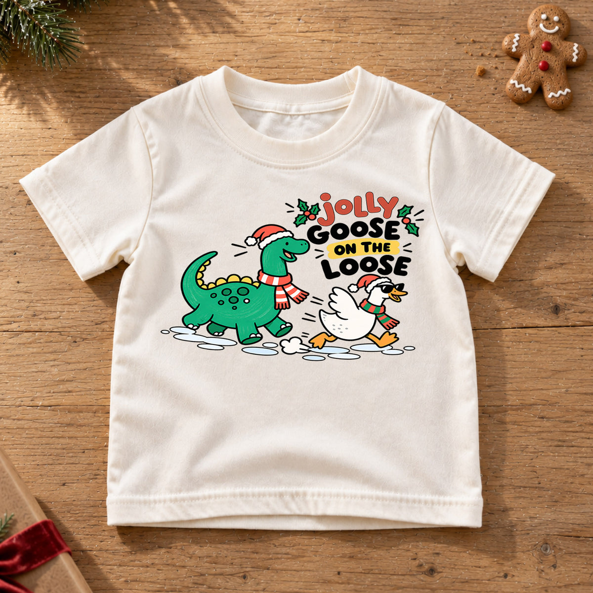 Jolly Goose On The Loose Shirt, Dinosaur Christmas Kids T-Shirt, Funny Dino Goose Toddler Tee, Cute Holiday Graphic Top, Winter Xmas Gift — product view 6