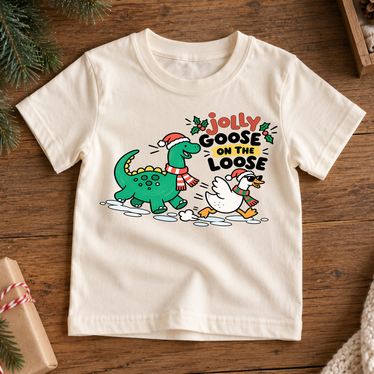 Jolly Goose On The Loose Shirt, Dinosaur Christmas Kids T-Shirt, Funny Dino Goose Toddler Tee, Cute Holiday Graphic Top, Winter Xmas Gift — product view 7