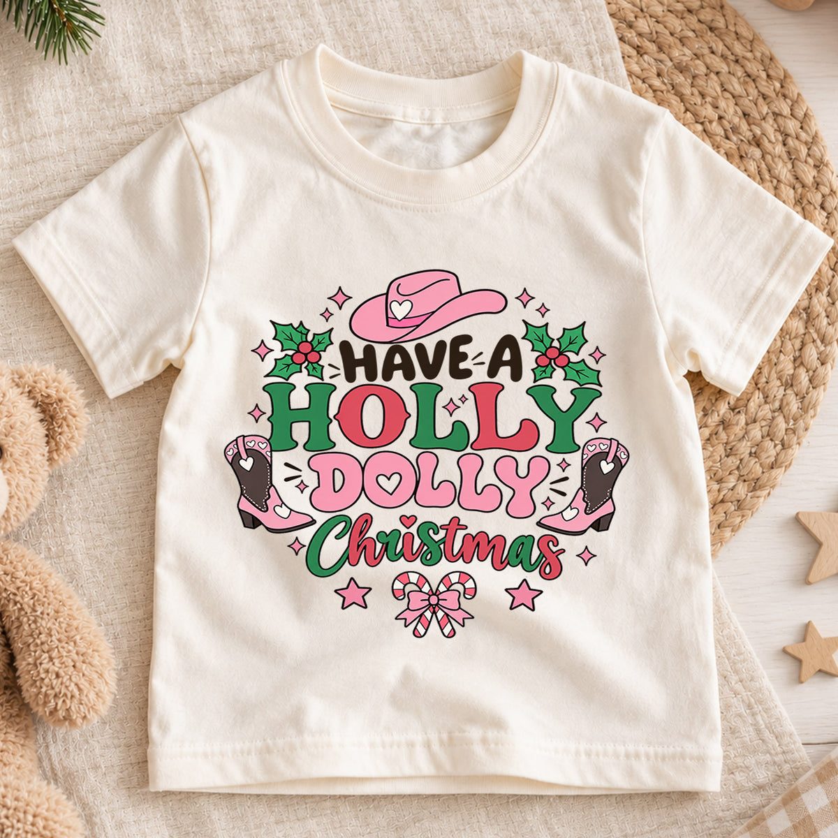 Have A Holly Dolly Christmas Shirt, Retro Pink Cowgirl Kids T-Shirt, Western Boots Toddler Tee, Cute Country Holiday Graphic Top, Xmas Gift — product view 1