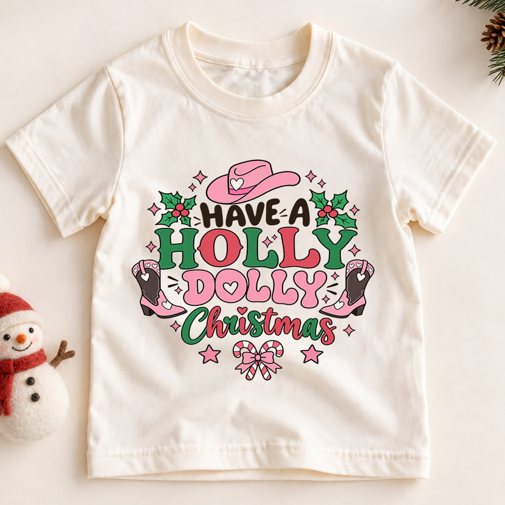 Have A Holly Dolly Christmas Shirt, Retro Pink Cowgirl Kids T-Shirt, Western Boots Toddler Tee, Cute Country Holiday Graphic Top, Xmas Gift — product view 2