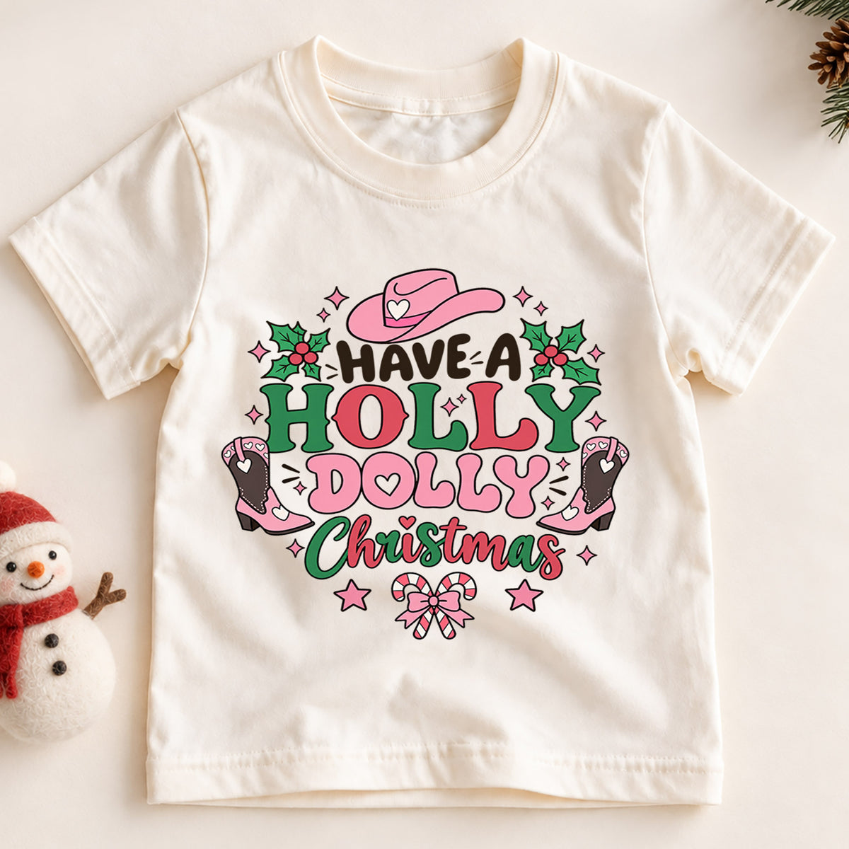 Have A Holly Dolly Christmas Shirt, Retro Pink Cowgirl Kids T-Shirt, Western Boots Toddler Tee, Cute Country Holiday Graphic Top, Xmas Gift — product view 2