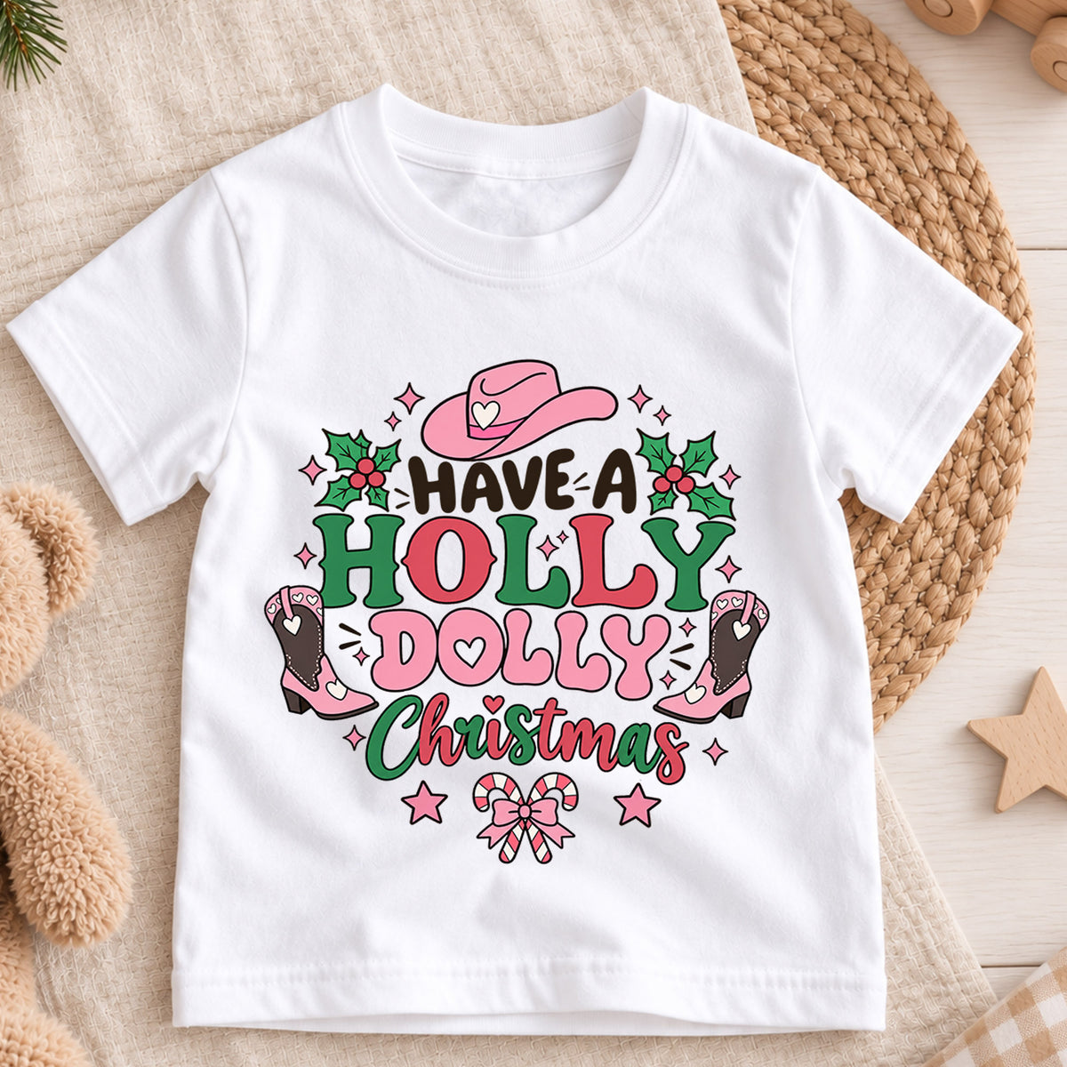 Have A Holly Dolly Christmas Shirt, Retro Pink Cowgirl Kids T-Shirt, Western Boots Toddler Tee, Cute Country Holiday Graphic Top, Xmas Gift — product view 3