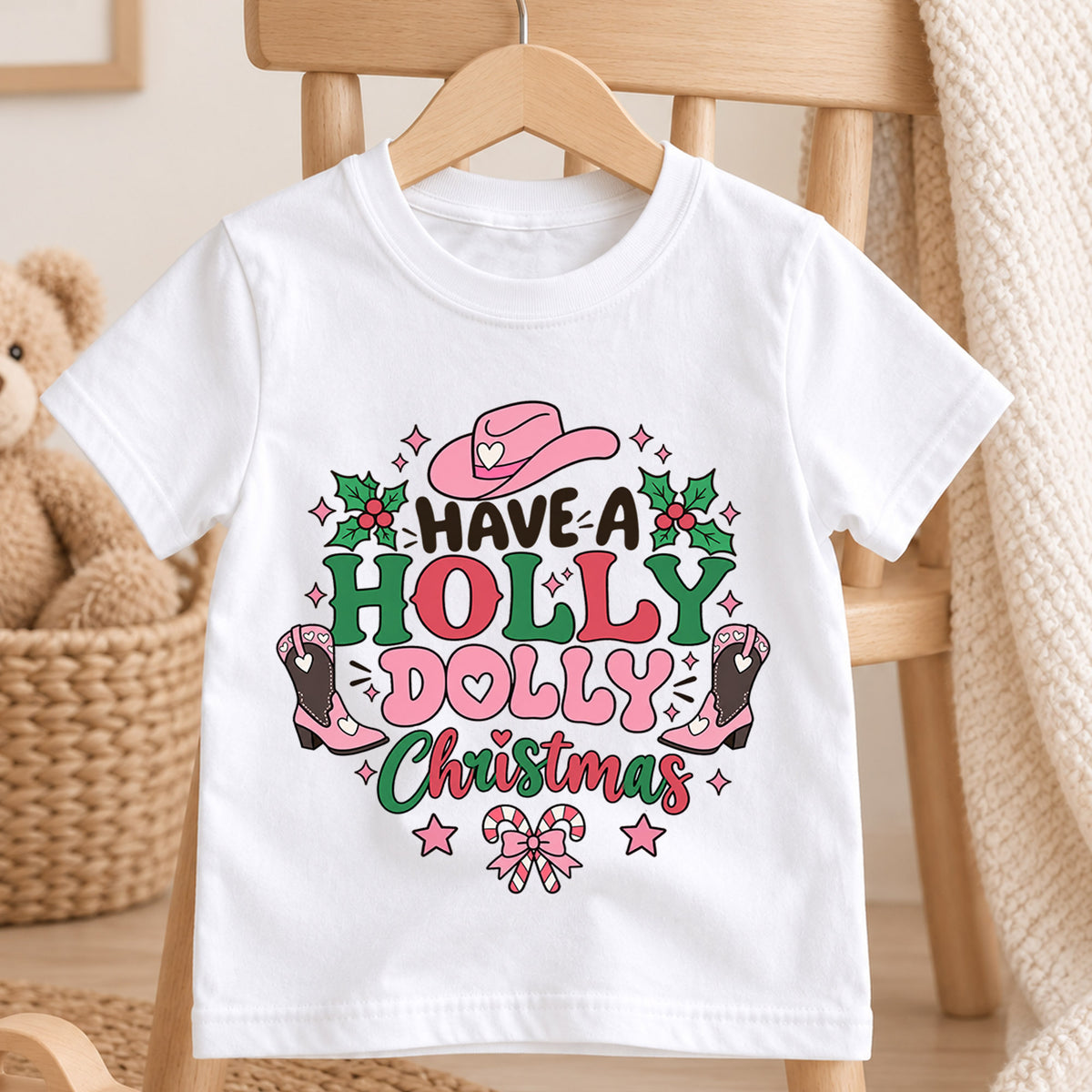 Have A Holly Dolly Christmas Shirt, Retro Pink Cowgirl Kids T-Shirt, Western Boots Toddler Tee, Cute Country Holiday Graphic Top, Xmas Gift — product view 4
