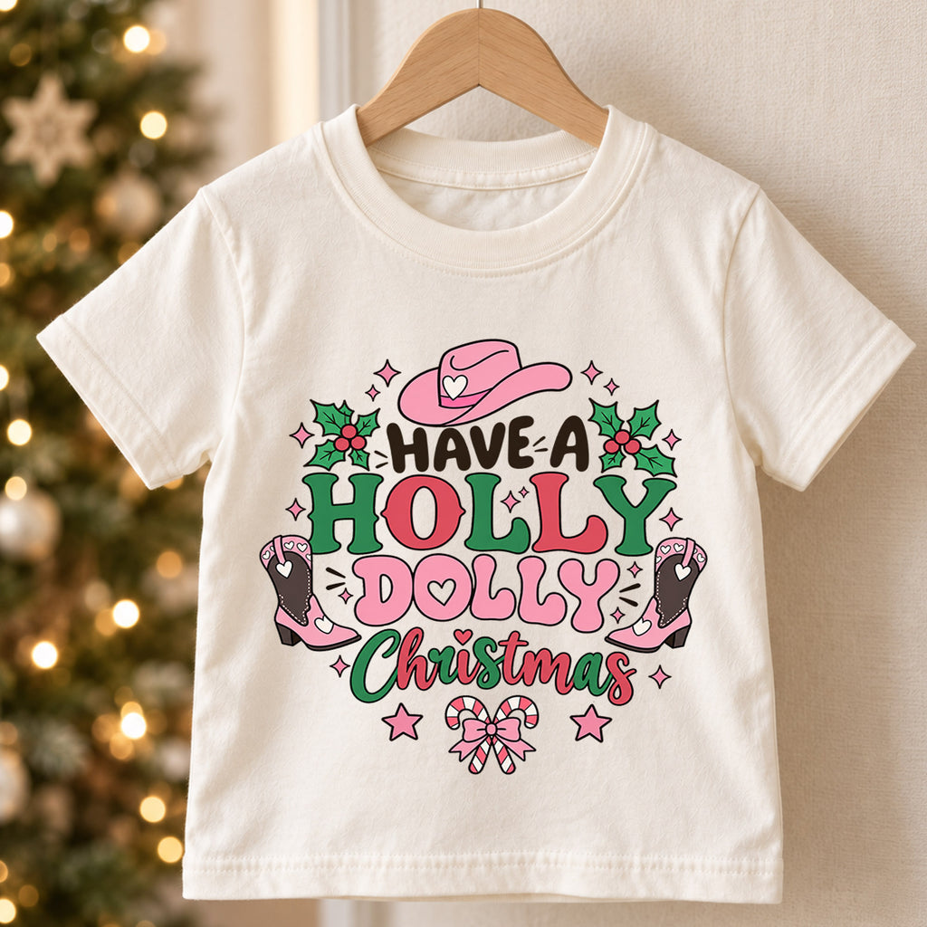 Have A Holly Dolly Christmas Shirt, Retro Pink Cowgirl Kids T-Shirt, Western Boots Toddler Tee, Cute Country Holiday Graphic Top, Xmas Gift — product view 5