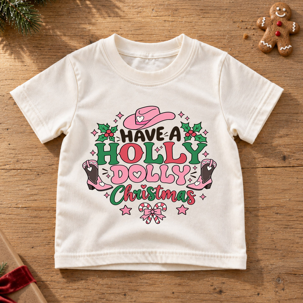 Have A Holly Dolly Christmas Shirt, Retro Pink Cowgirl Kids T-Shirt, Western Boots Toddler Tee, Cute Country Holiday Graphic Top, Xmas Gift — product view 6