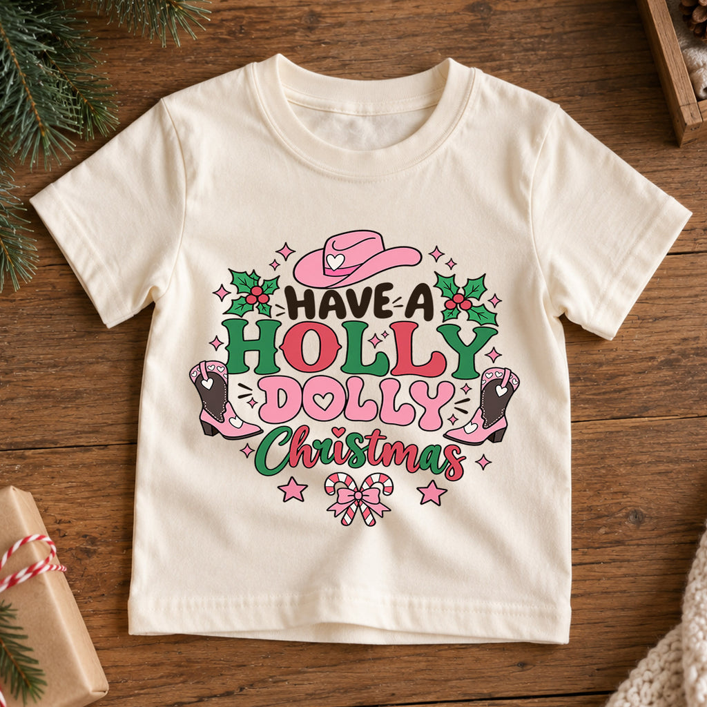 Have A Holly Dolly Christmas Shirt, Retro Pink Cowgirl Kids T-Shirt, Western Boots Toddler Tee, Cute Country Holiday Graphic Top, Xmas Gift — product view 7