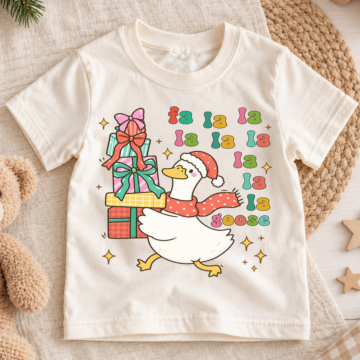 Fa La La Goose Shirt, Retro Funny Christmas Duck Kids T-Shirt, Stacking Gift Boxes Toddler Tee, Whimsical Holiday Graphic Top, Xmas Gift — product view 1