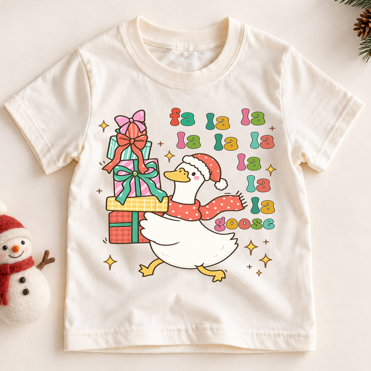 Fa La La Goose Shirt, Retro Funny Christmas Duck Kids T-Shirt, Stacking Gift Boxes Toddler Tee, Whimsical Holiday Graphic Top, Xmas Gift — product view 2