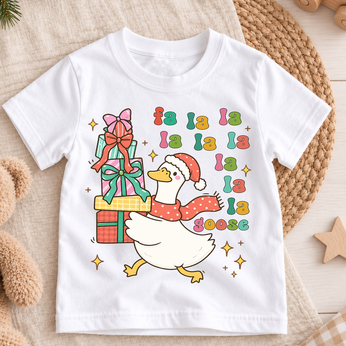Fa La La Goose Shirt, Retro Funny Christmas Duck Kids T-Shirt, Stacking Gift Boxes Toddler Tee, Whimsical Holiday Graphic Top, Xmas Gift — product view 3