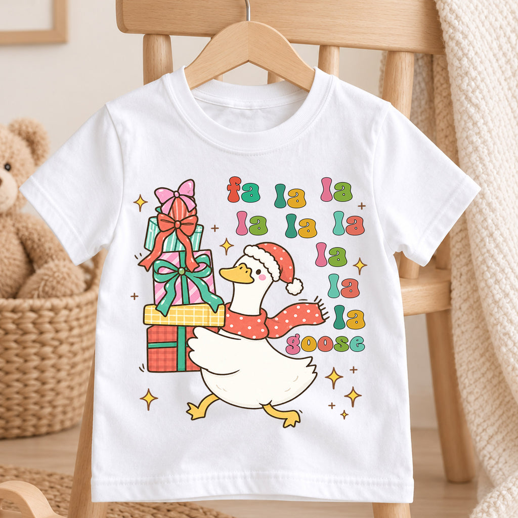 Fa La La Goose Shirt, Retro Funny Christmas Duck Kids T-Shirt, Stacking Gift Boxes Toddler Tee, Whimsical Holiday Graphic Top, Xmas Gift — product view 4