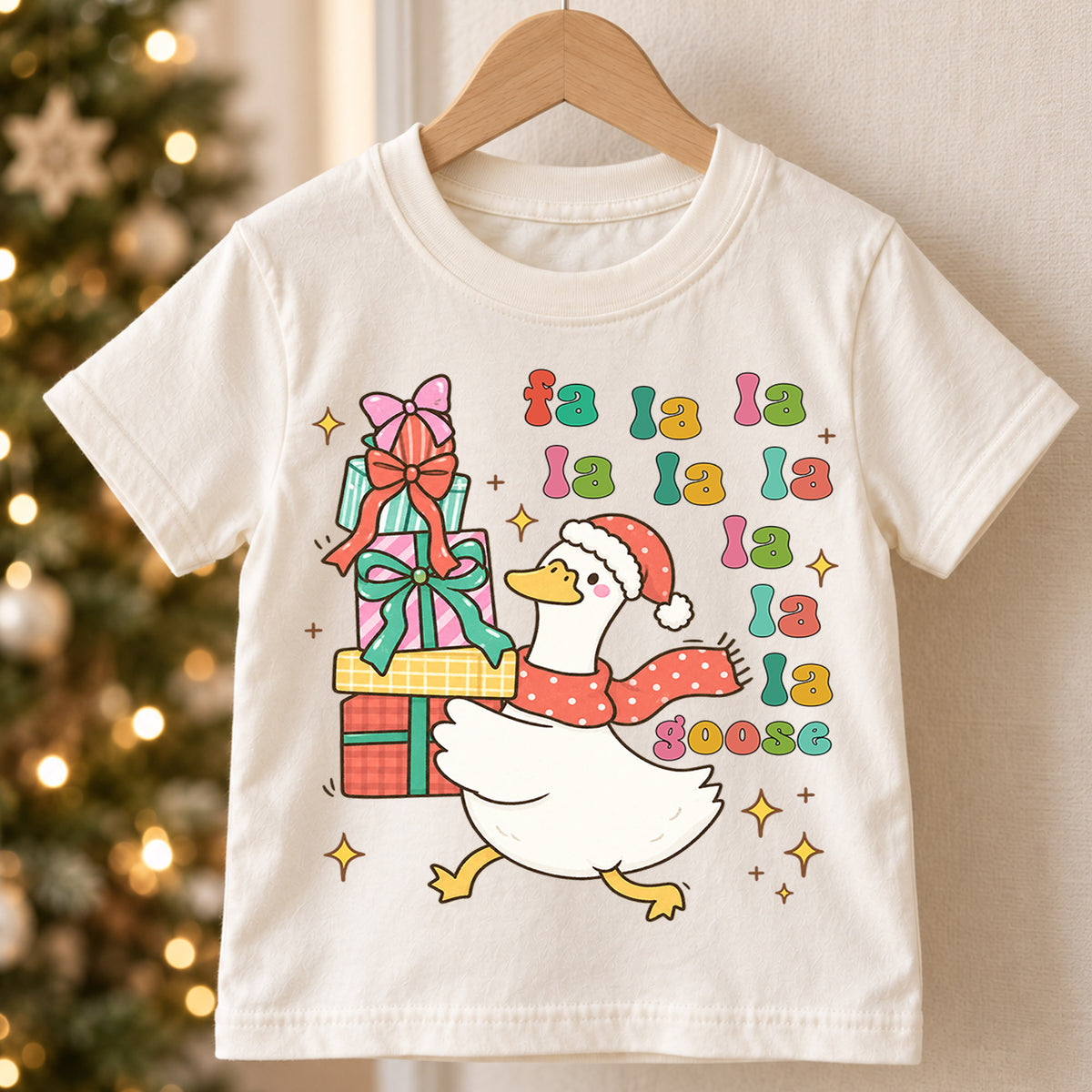 Fa La La Goose Shirt, Retro Funny Christmas Duck Kids T-Shirt, Stacking Gift Boxes Toddler Tee, Whimsical Holiday Graphic Top, Xmas Gift — product view 5