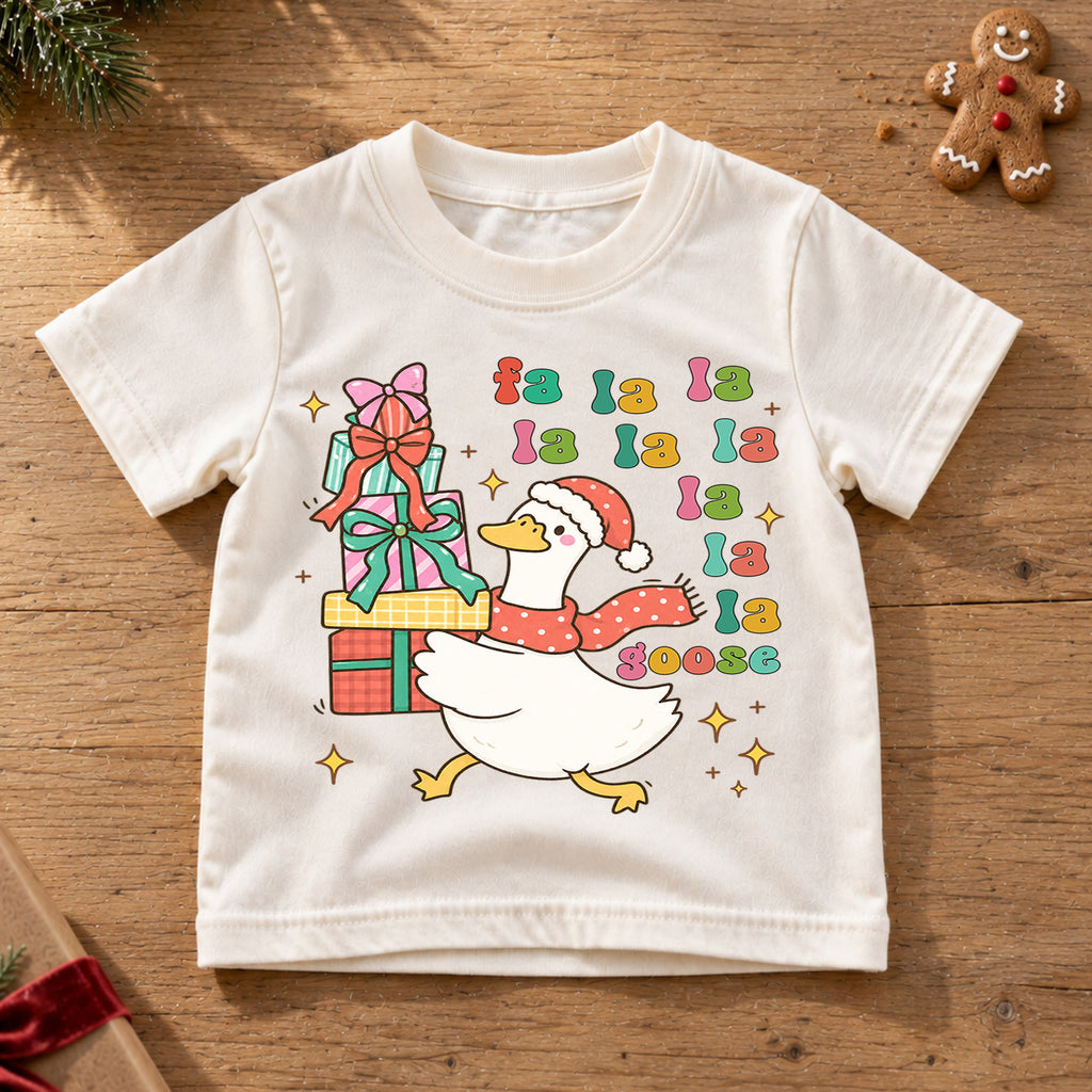 Fa La La Goose Shirt, Retro Funny Christmas Duck Kids T-Shirt, Stacking Gift Boxes Toddler Tee, Whimsical Holiday Graphic Top, Xmas Gift — product view 6