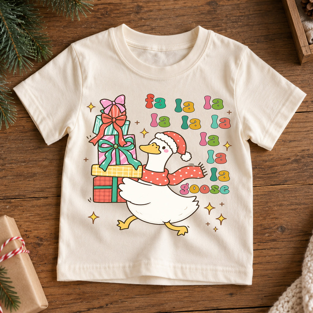 Fa La La Goose Shirt, Retro Funny Christmas Duck Kids T-Shirt, Stacking Gift Boxes Toddler Tee, Whimsical Holiday Graphic Top, Xmas Gift — product view 7