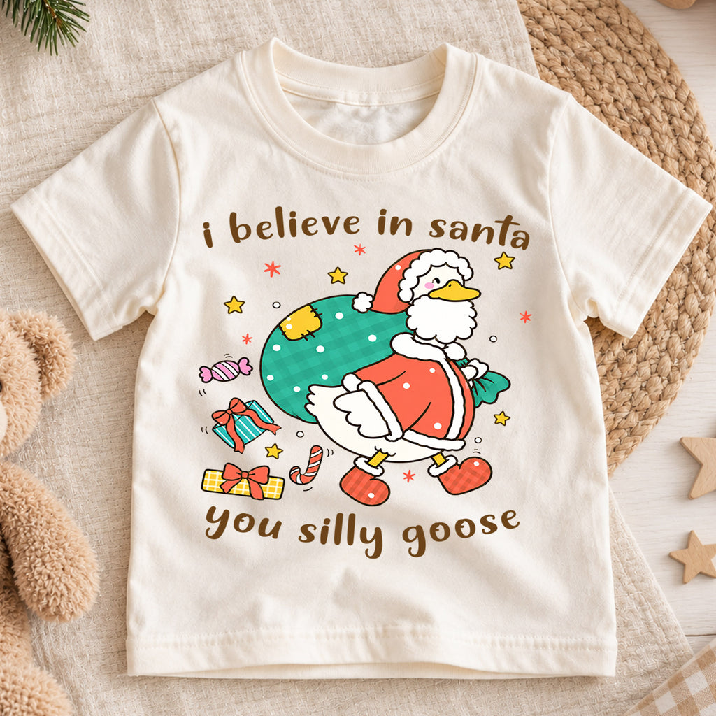 I Believe In Santa You Silly Goose Shirt, Funny Christmas Duck Kids T-Shirt, Cute Santa Bag Toddler Tee, Holiday Graphic Top, Xmas Gift — product view 1