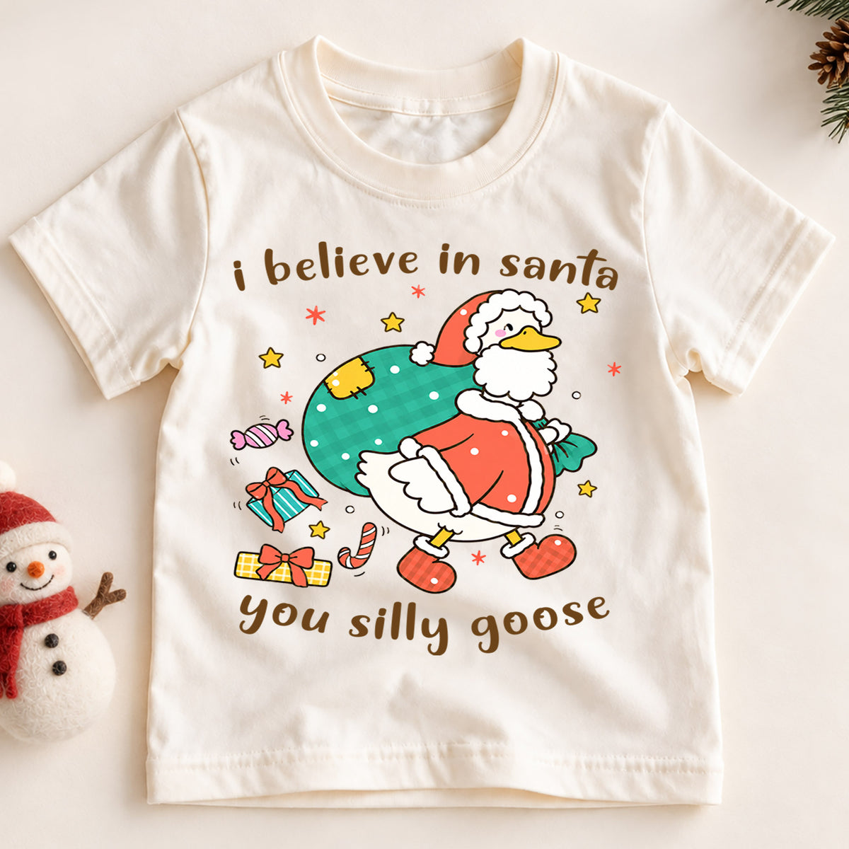 I Believe In Santa You Silly Goose Shirt, Funny Christmas Duck Kids T-Shirt, Cute Santa Bag Toddler Tee, Holiday Graphic Top, Xmas Gift — product view 2
