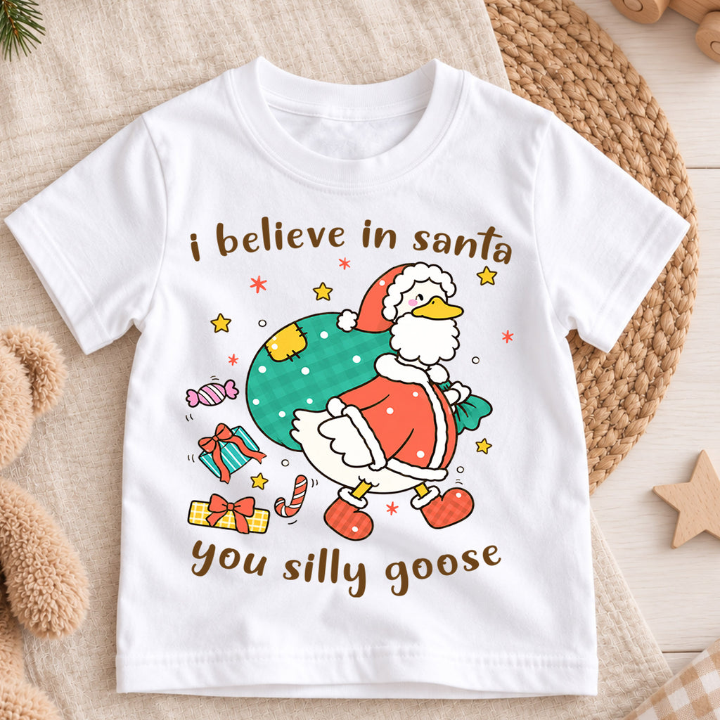 I Believe In Santa You Silly Goose Shirt, Funny Christmas Duck Kids T-Shirt, Cute Santa Bag Toddler Tee, Holiday Graphic Top, Xmas Gift — product view 3