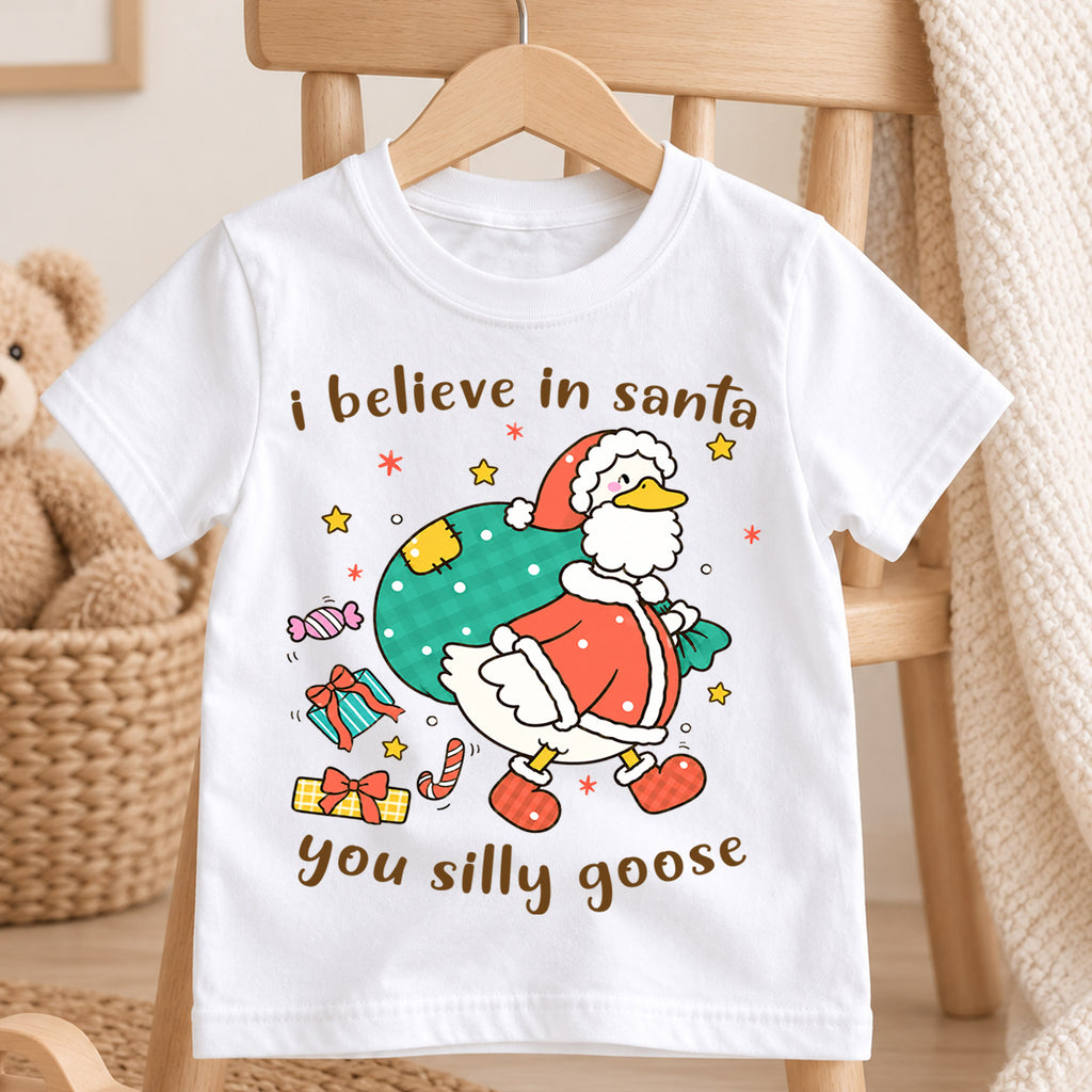 I Believe In Santa You Silly Goose Shirt, Funny Christmas Duck Kids T-Shirt, Cute Santa Bag Toddler Tee, Holiday Graphic Top, Xmas Gift — product view 4